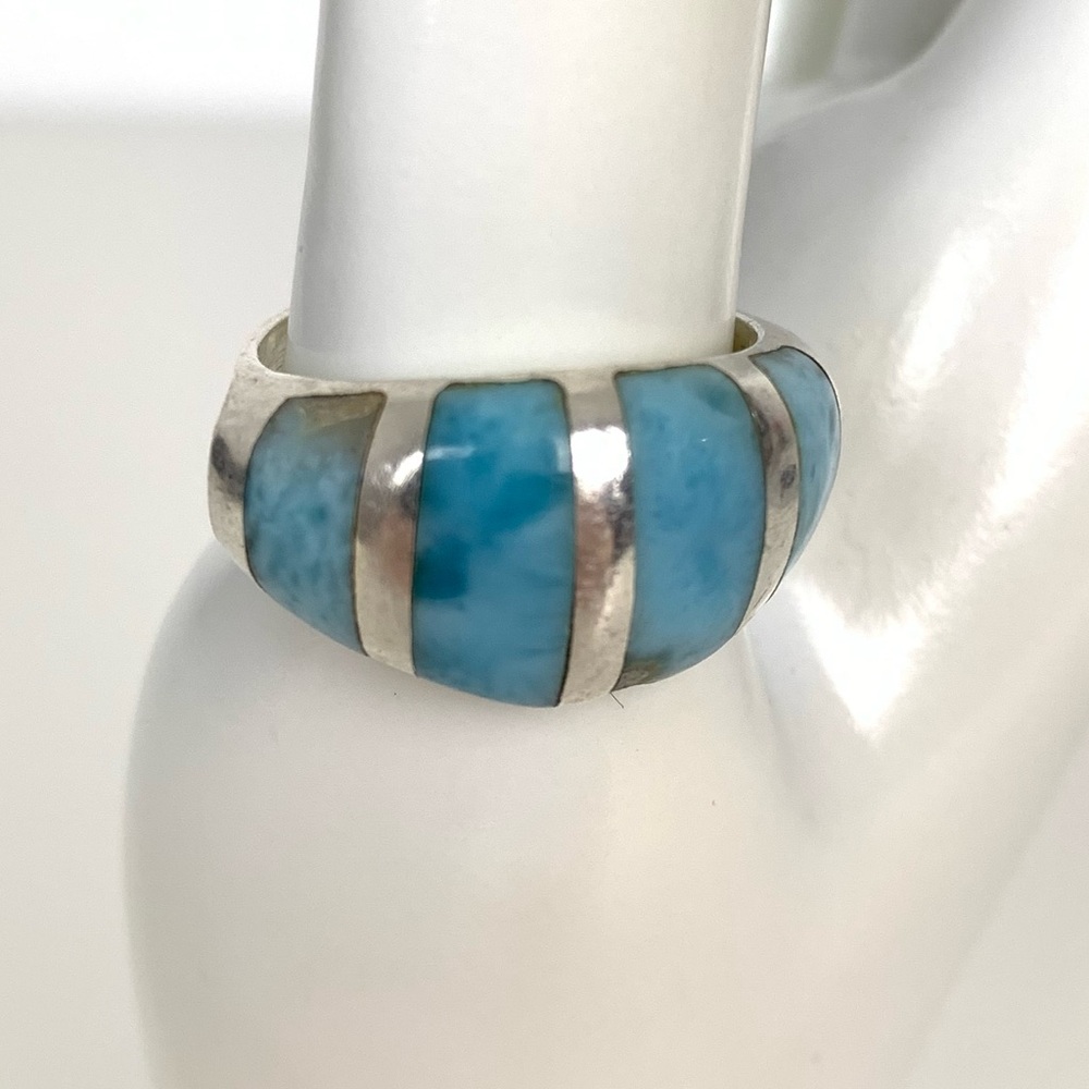 Sterling Silver Ring 4 Larimar Stones Geometrical Sz 8.5 Stamped 925 Vtg Read